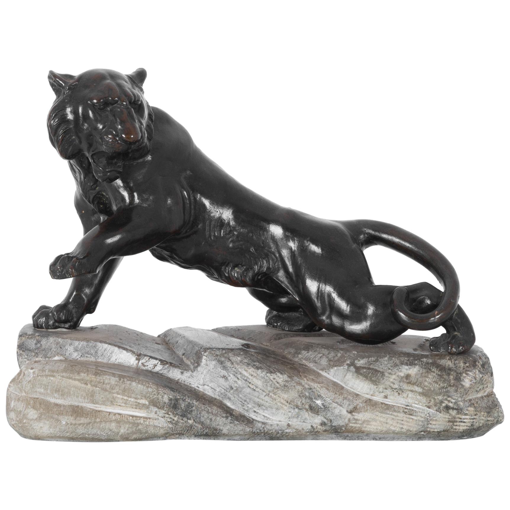Vintage Bronze Tiger Sculpture For Sale