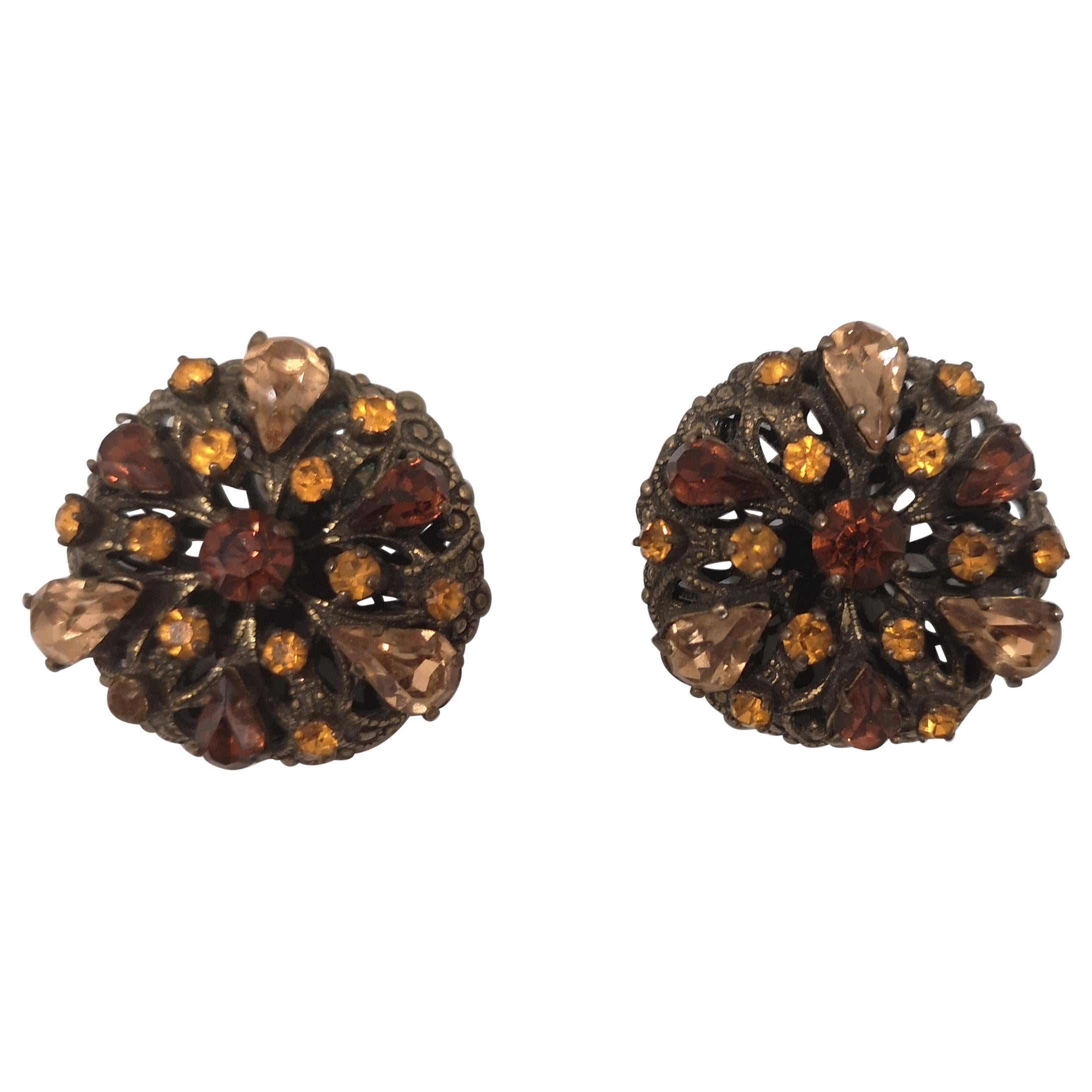 Vintage bronze tone amber swarovski stones clip on earrings