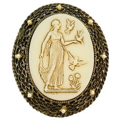 Vintage bronze tone cameo pearls brooch pendant 
