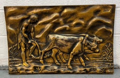 Vintage Bronze-Tone Relief Plaque of Farmer with Ox
