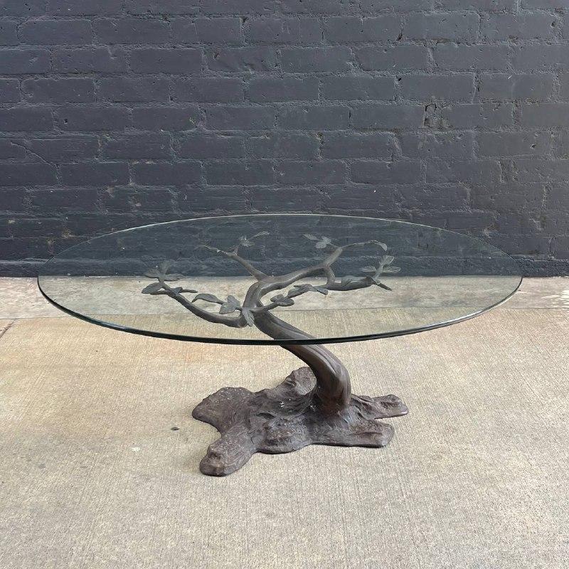 Mid-Century Modern Vintage Bronze Tree Sculpture Coffee Table with Glass Top