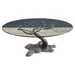Vintage Bronze Tree Sculpture Coffee Table with Glass Top