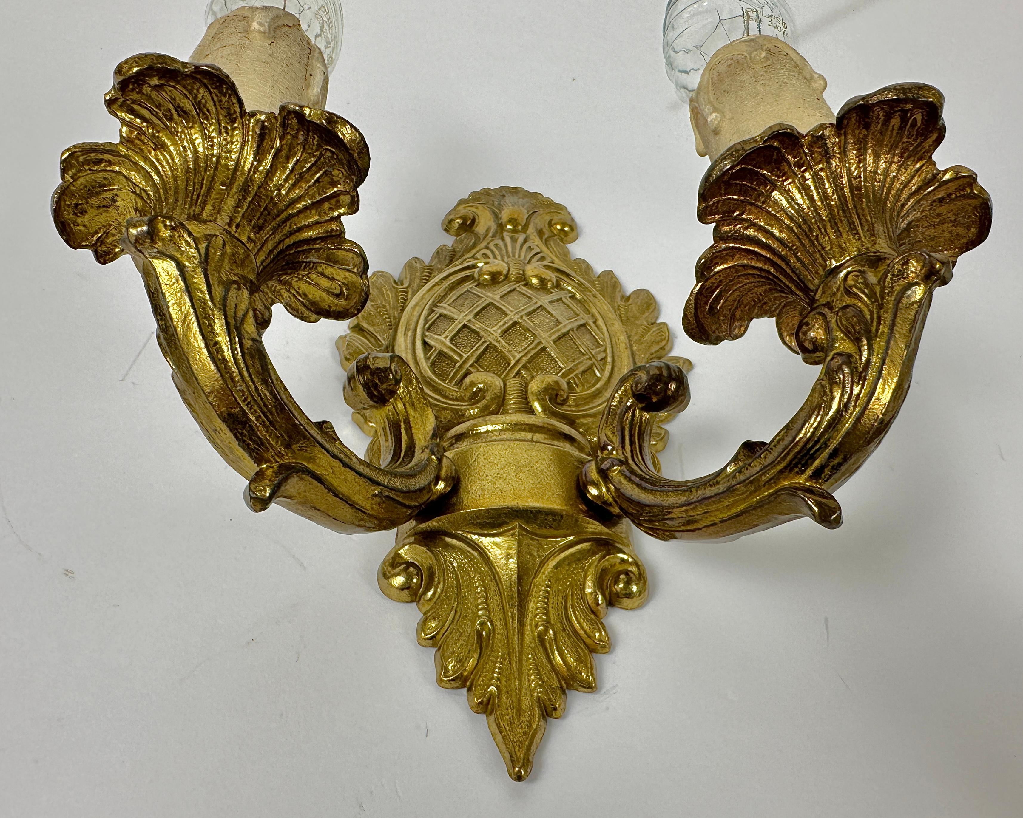 Late 20th Century Vintage Bronze Wall Sconces Double Armed Lighting Lamp In Candelabra Style For Sale