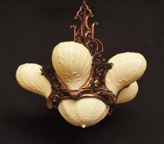 Vintage Bronze with Custard Slip Shades, Deco Rococo Masterpiece Original Patina