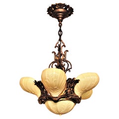 Used Bronze with Custard Slip Shades, Deco Rococo Masterpiece Original Patina