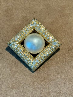 Broche vintage en or jaune 18 carats avec diamants et perle Mabe