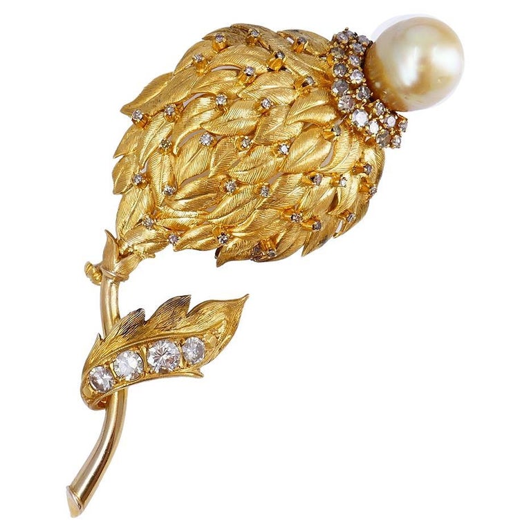 Vintage Brooch Pin 14k Gold Pearl Diamond Estate Jewelry For Sale at
