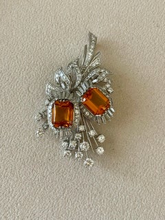 Brosche Vintage Citrin Diamanten 18 K Weißgold ca. 1950
