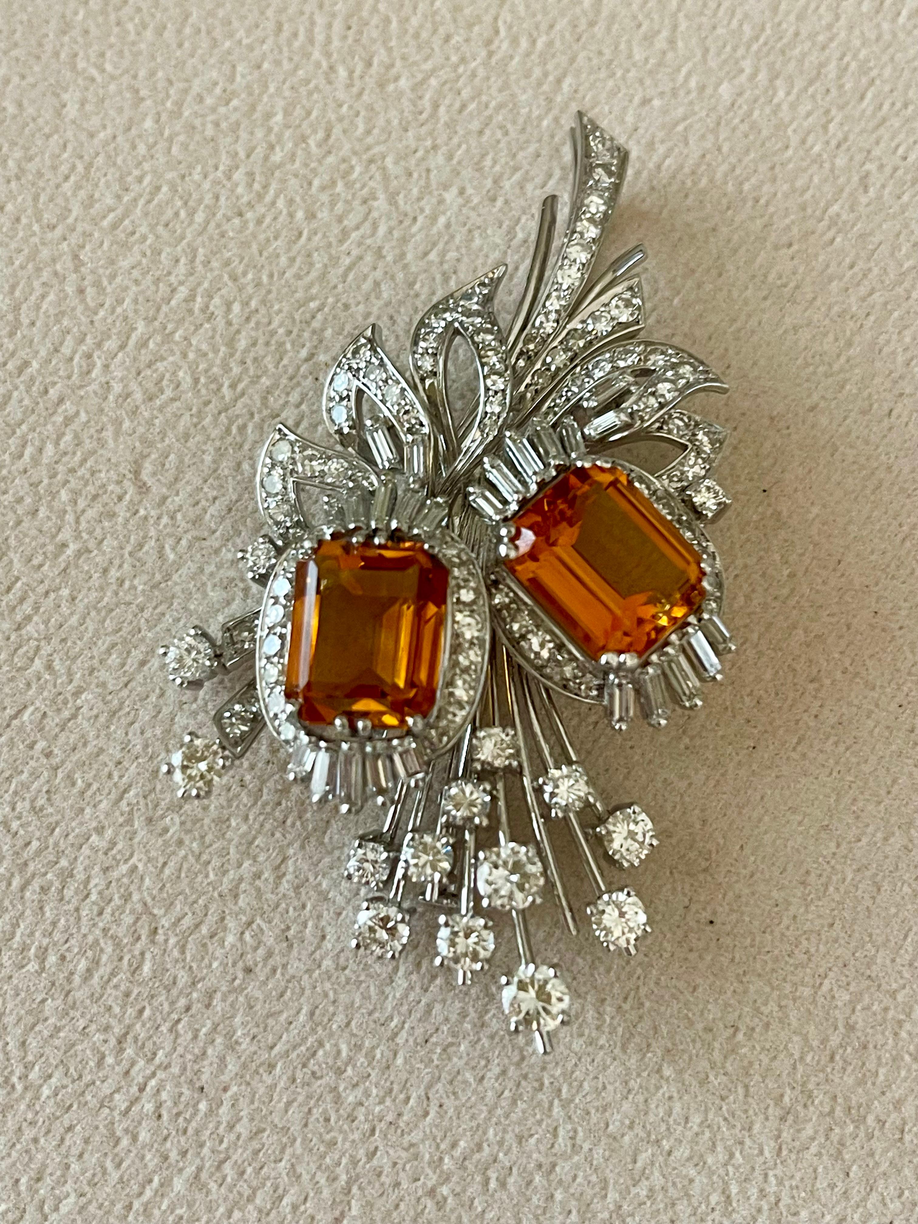 Contemporary Vintage Brooch Citrine Diamonds 18 K white Gold ca 1950 For Sale