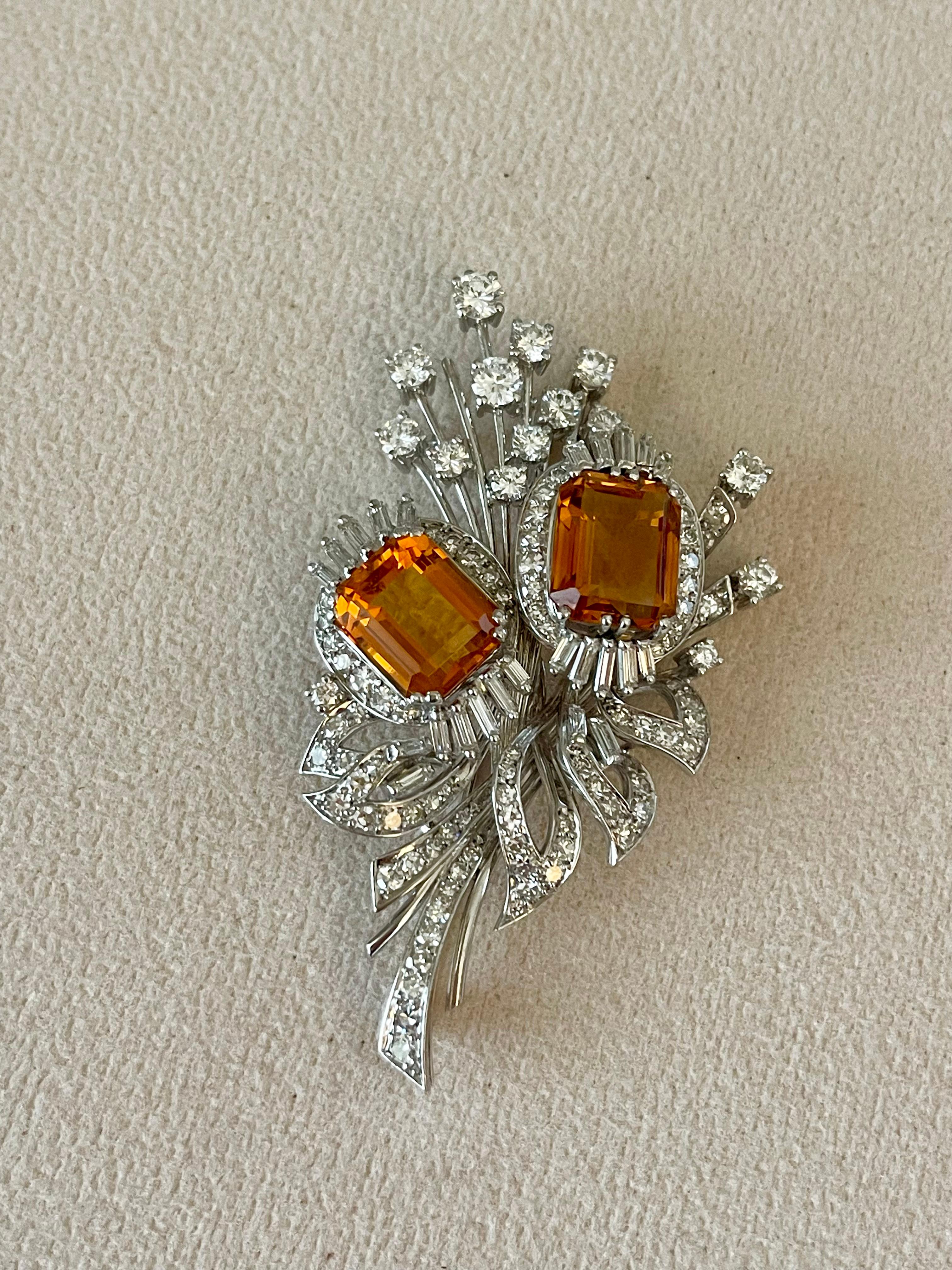 Brilliant Cut Vintage Brooch Citrine Diamonds 18 K white Gold ca 1950 For Sale