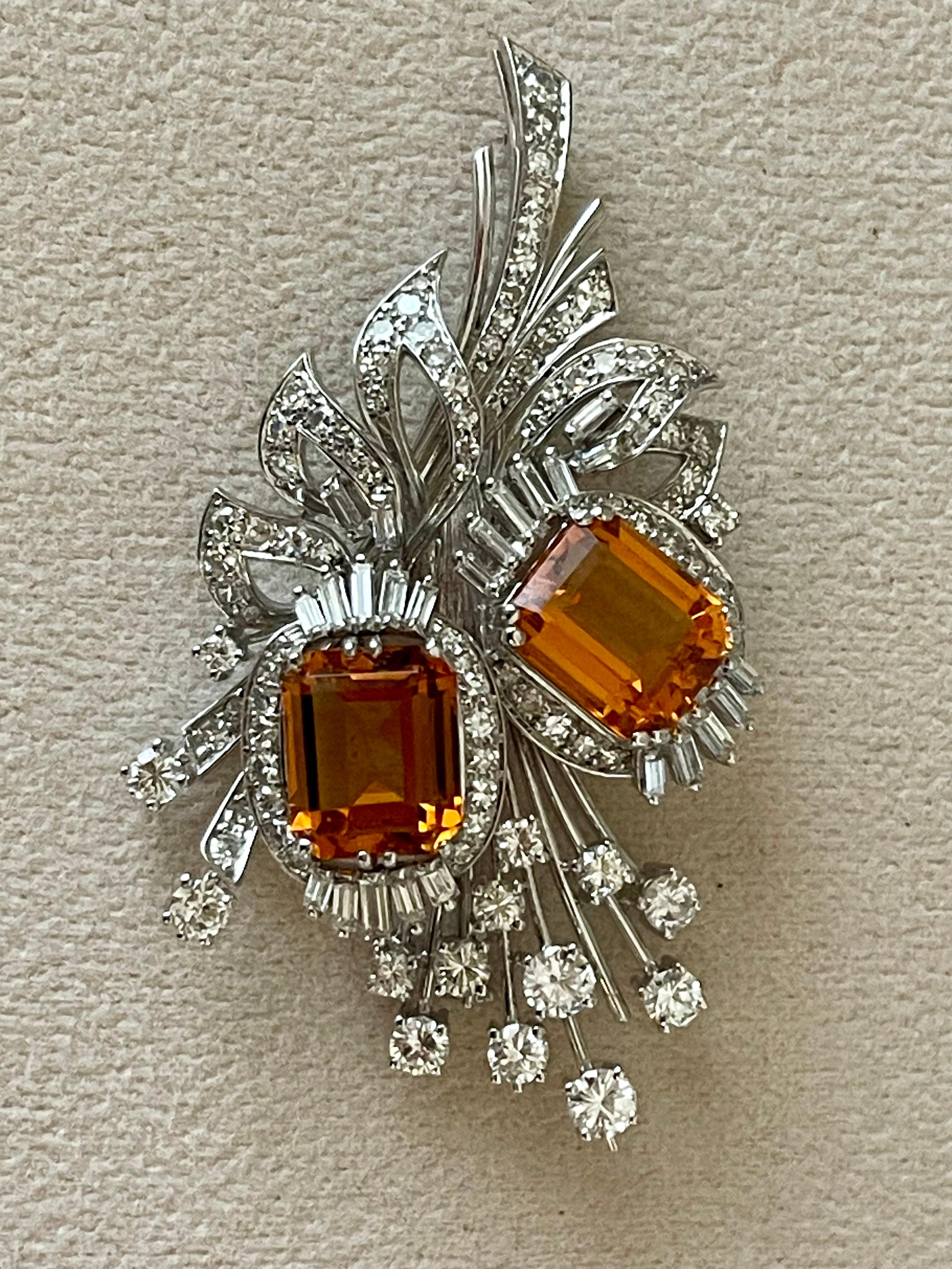 Vintage Brooch Citrine Diamonds 18 K white Gold ca 1950 In Good Condition For Sale In Zurich, Zollstrasse