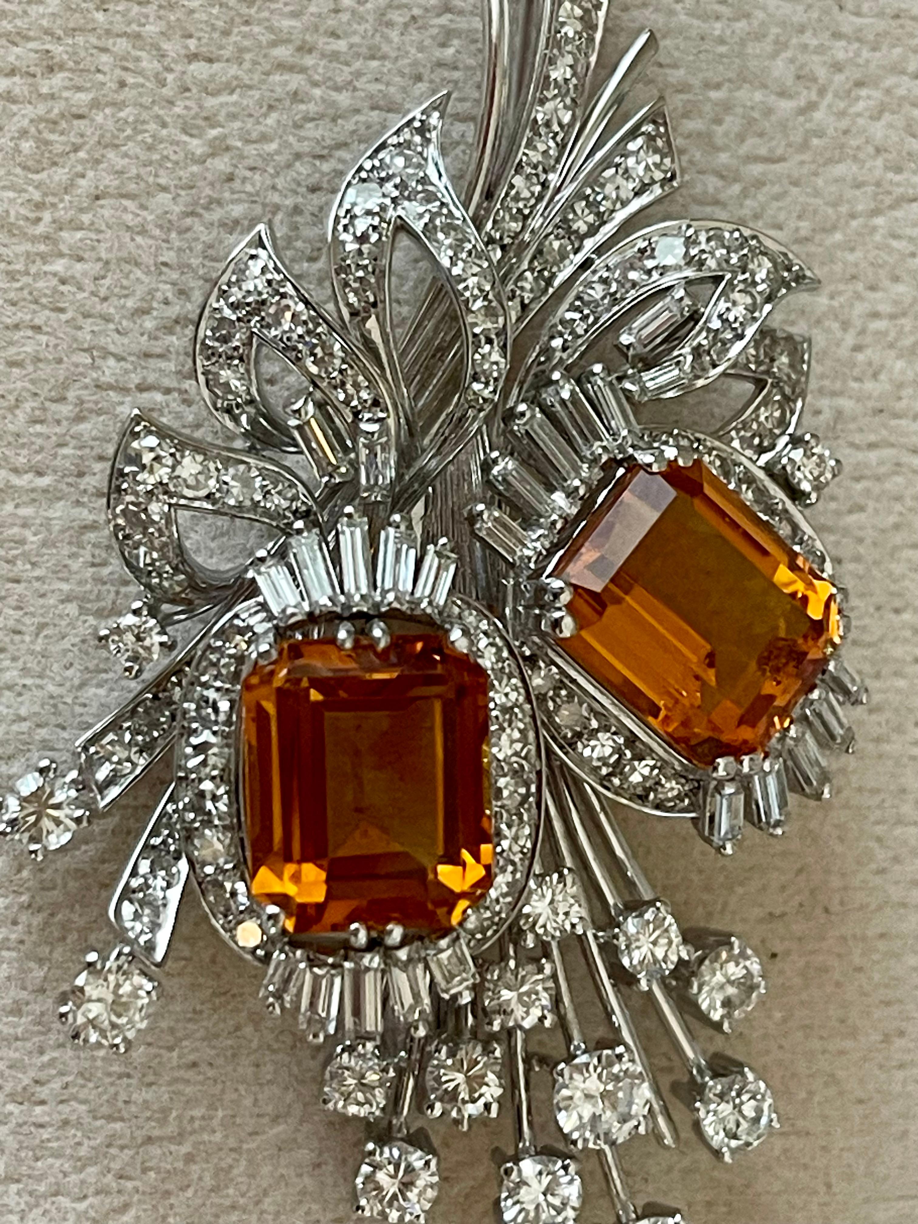 Women's Vintage Brooch Citrine Diamonds 18 K white Gold ca 1950 For Sale