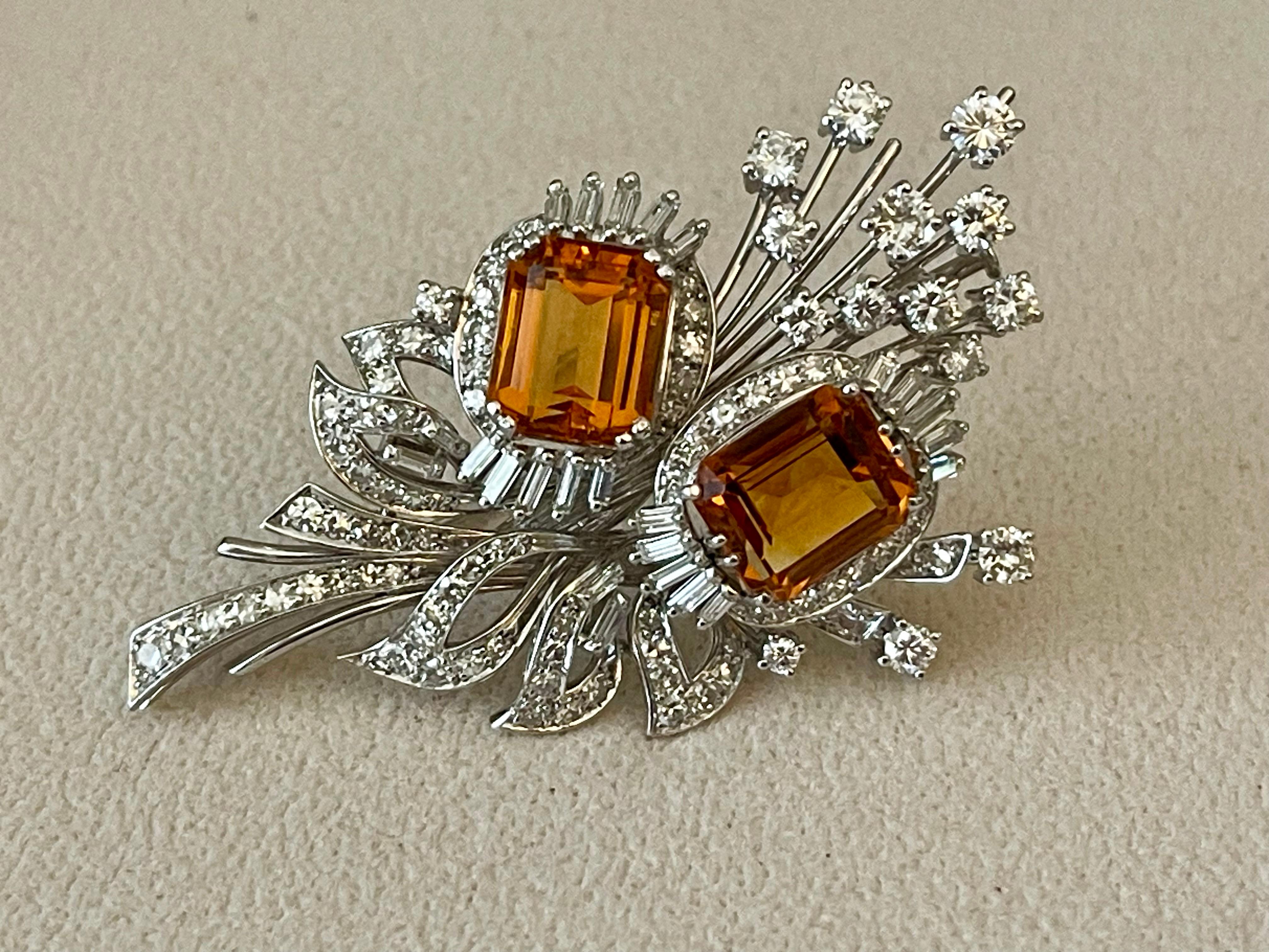 Vintage Brooch Citrine Diamonds 18 K white Gold ca 1950 For Sale 1