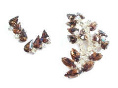 Vintage Brooch & Earrings Demi Parure - Faux Topaz & Rhinestones - Circa 1950's