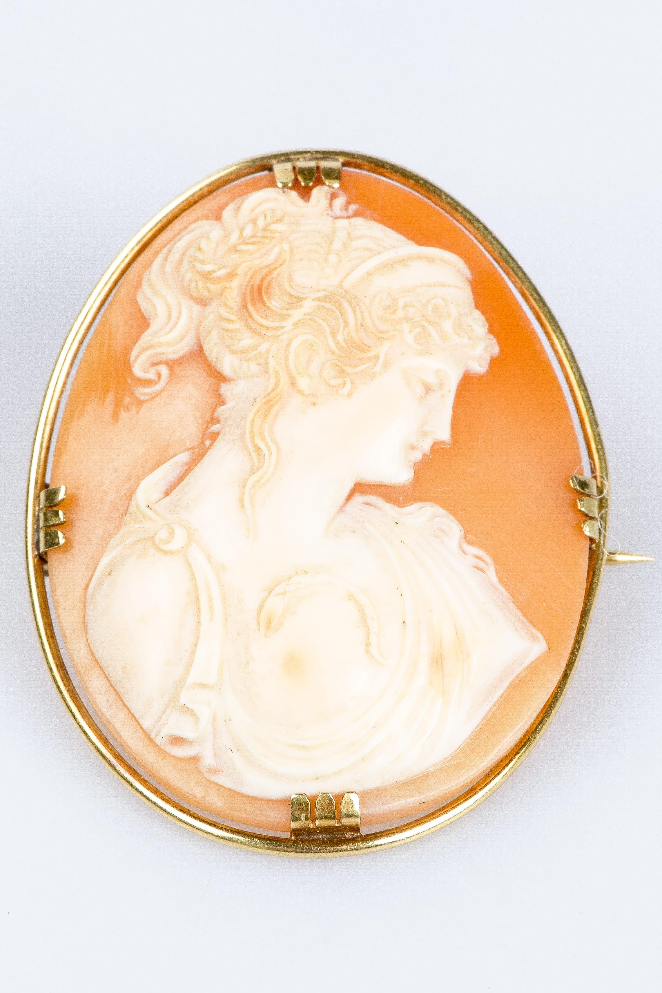 Vintage brooch in 18 carat yellow gold decorated with a cameo with the bust pattern of woman in profile. This high quality jewel combines classic and timeless elegance. The pin is removable. This brooch can be worn as an accessory on a coat, sash,