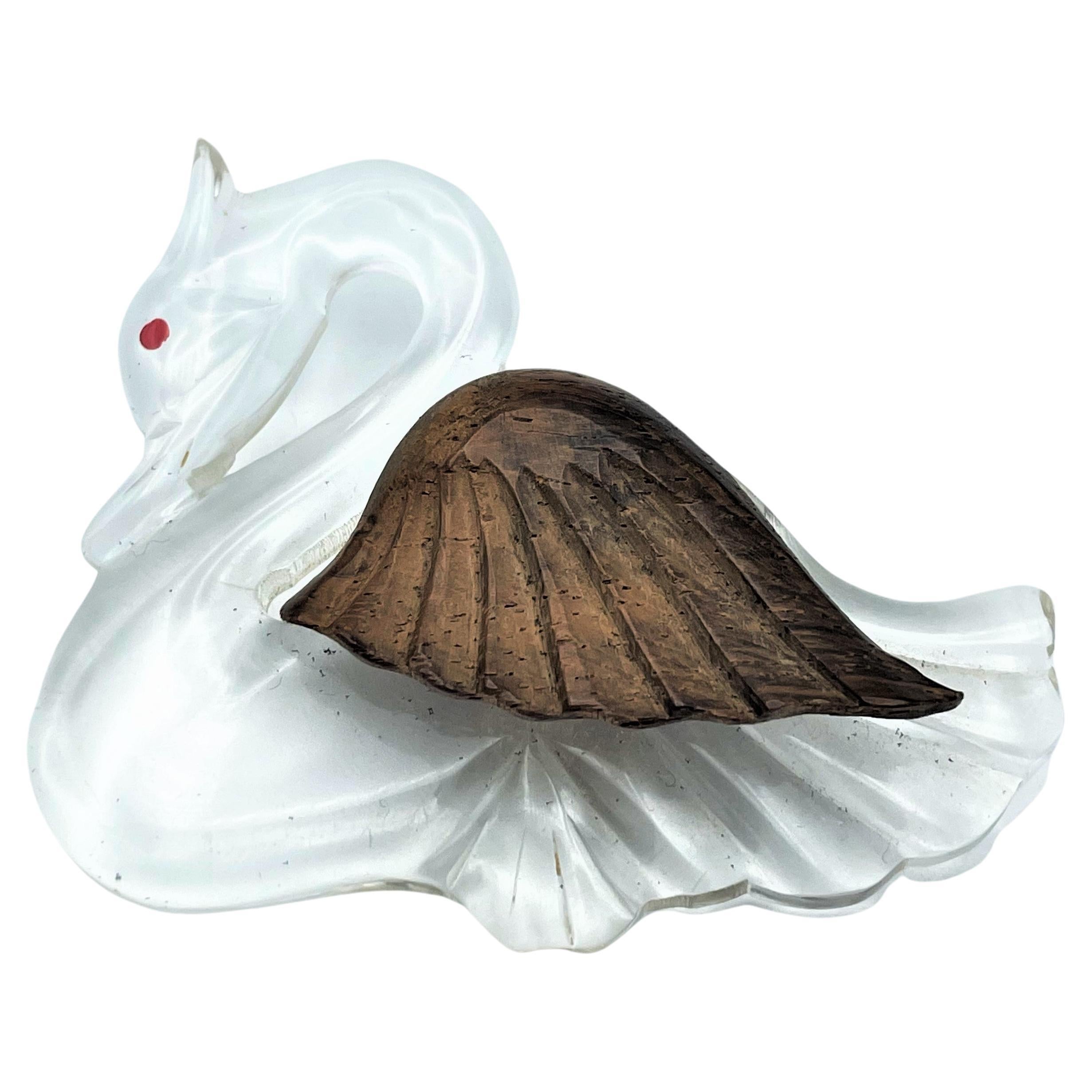 Vintage brooch in the shape of a swan made of clear Lucite and wooden wings 1940 For Sale