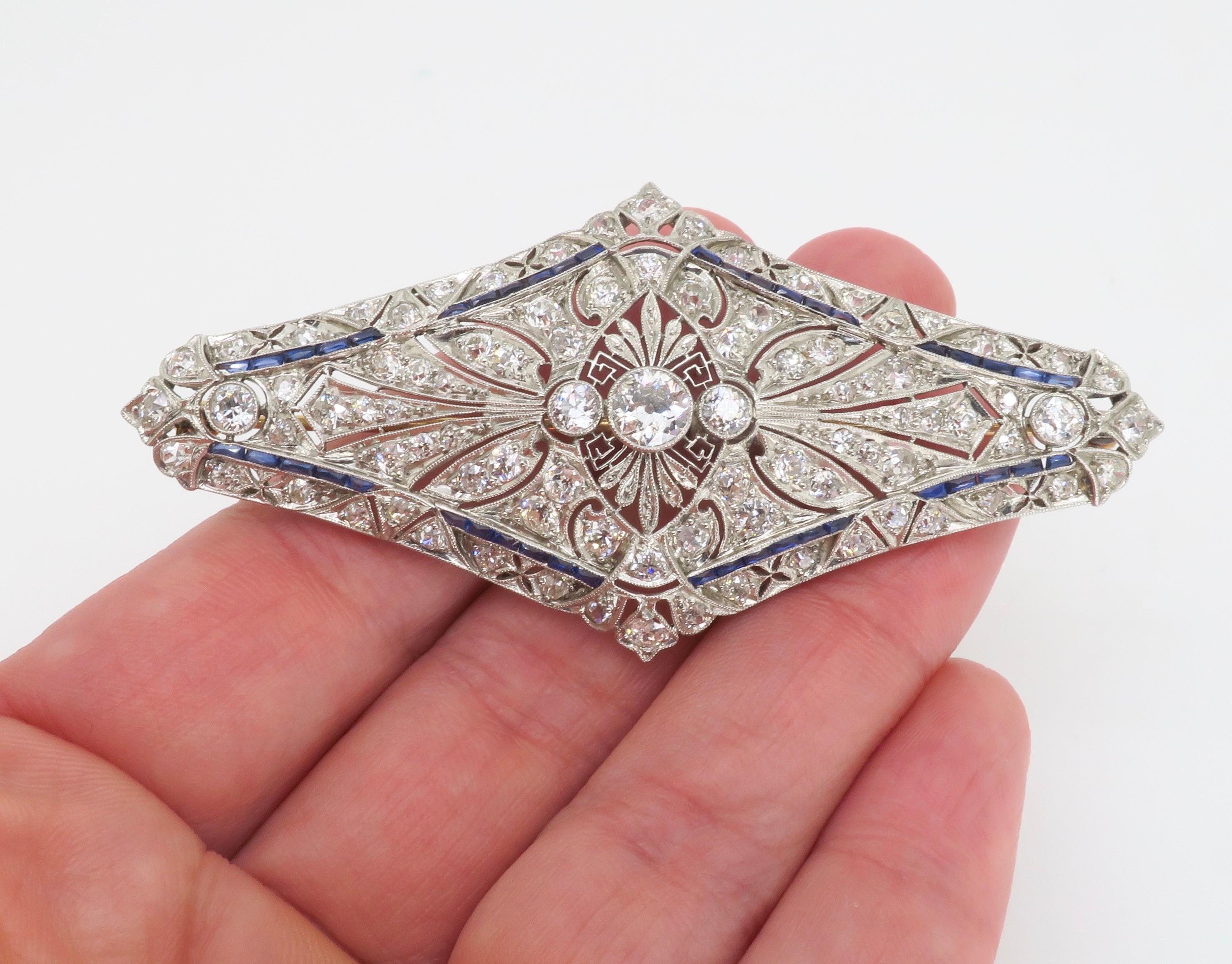Vintage Brooch Made in Platinum with Diamonds & Blue Sapphires For Sale 4