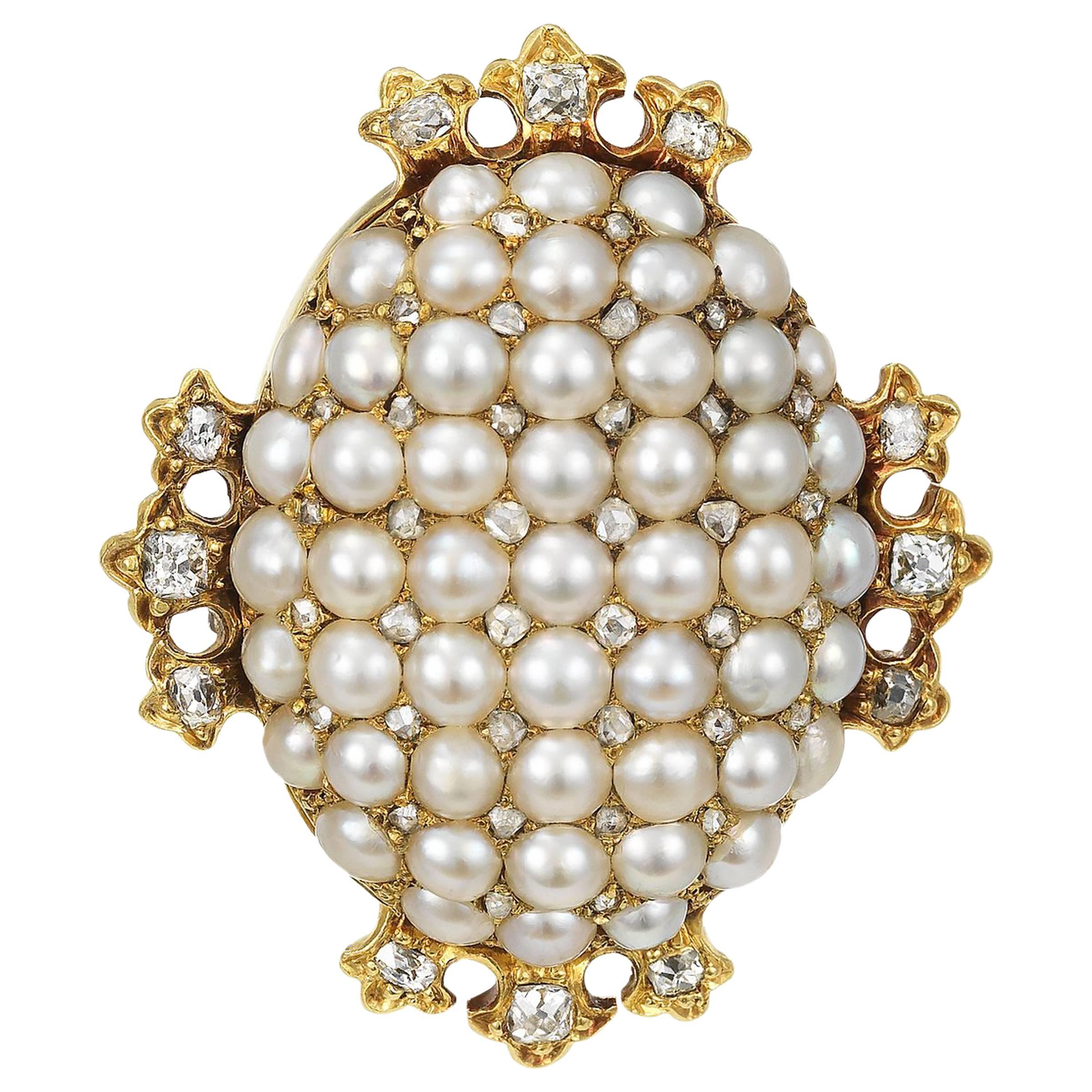 Vintage Brooch Old Mine Cut Diamonds with Seed Pearls and Gold