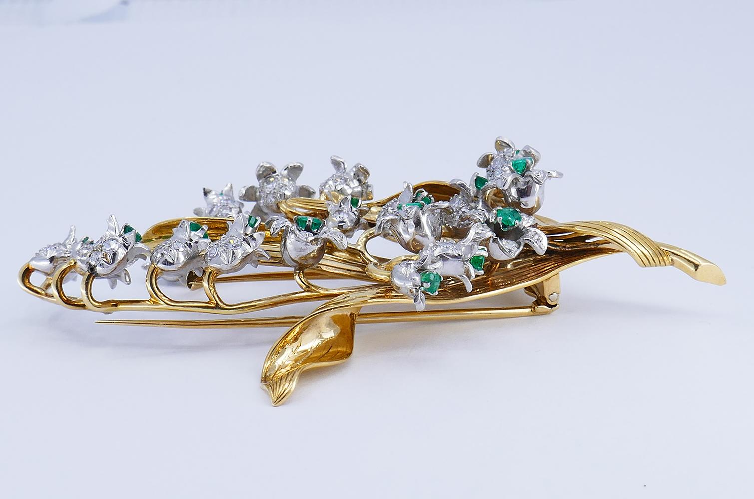 Round Cut Vintage Brooch Pin 14k Gold Emerald Diamond Estate Jewelry