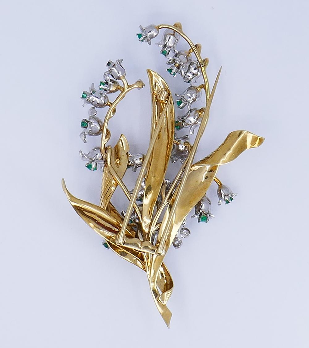 Women's or Men's Vintage Brooch Pin 14k Gold Emerald Diamond Estate Jewelry