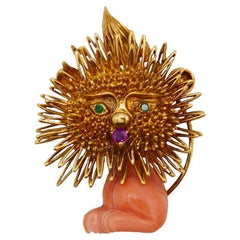 Retro Brooch Pin Clip 18k Gold Coral Gems Leo Zodiac Estate Jewelry