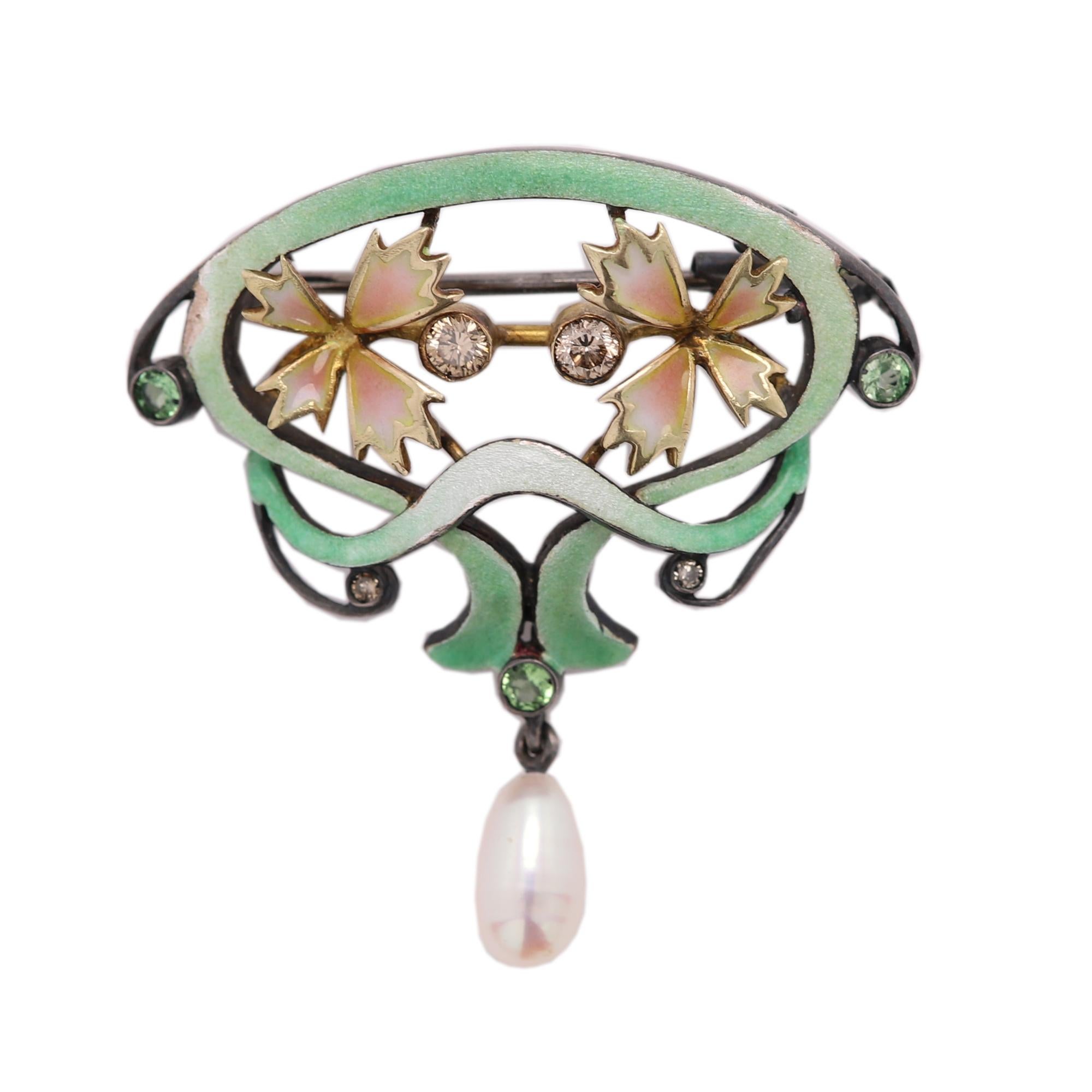 Vintage Brooch Pin Nouveau 1910 Enamel Necklace Sterling Silver and 18 Karat For Sale 5