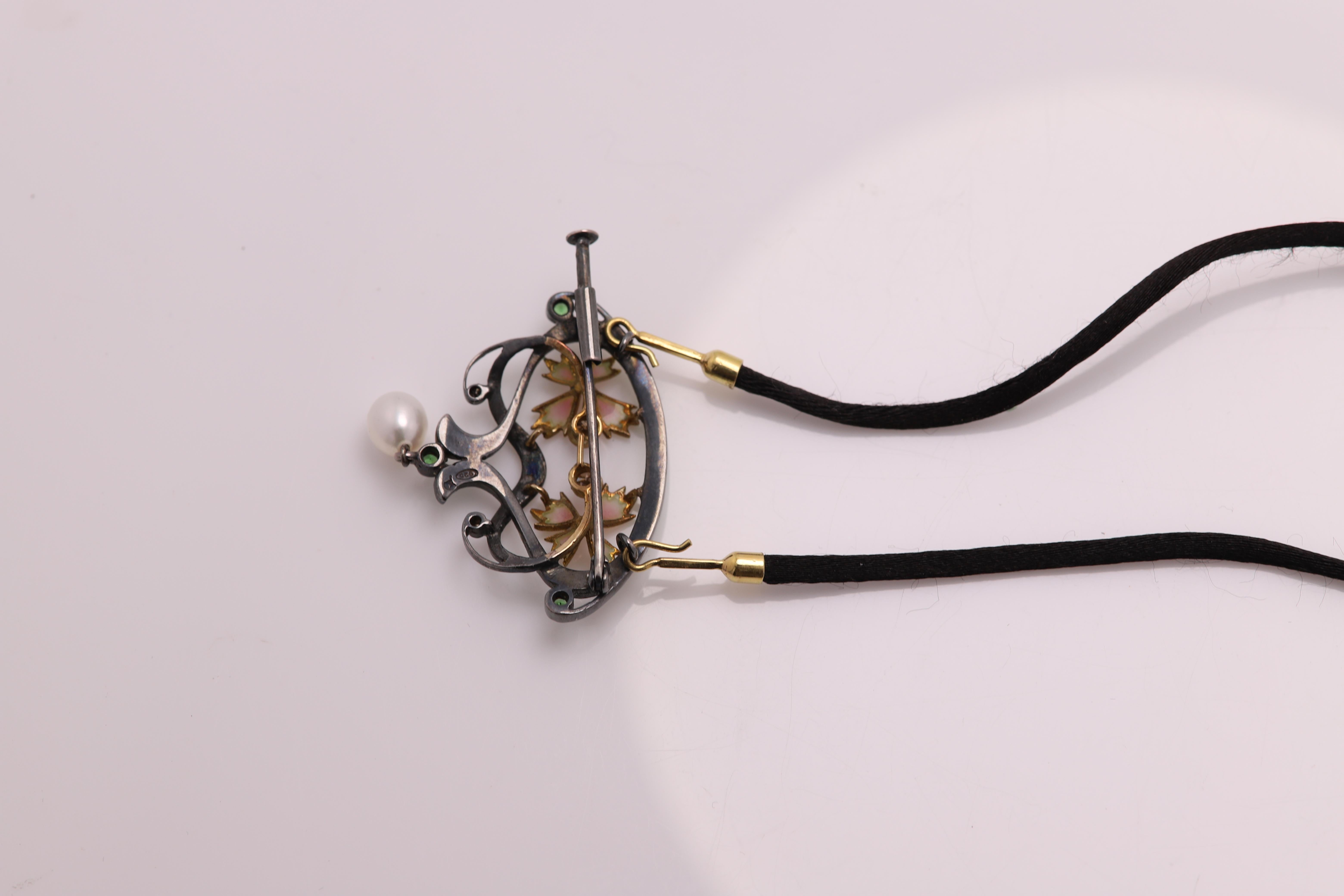 Women's Vintage Brooch Pin Nouveau 1910 Enamel Necklace Sterling Silver and 18 Karat For Sale