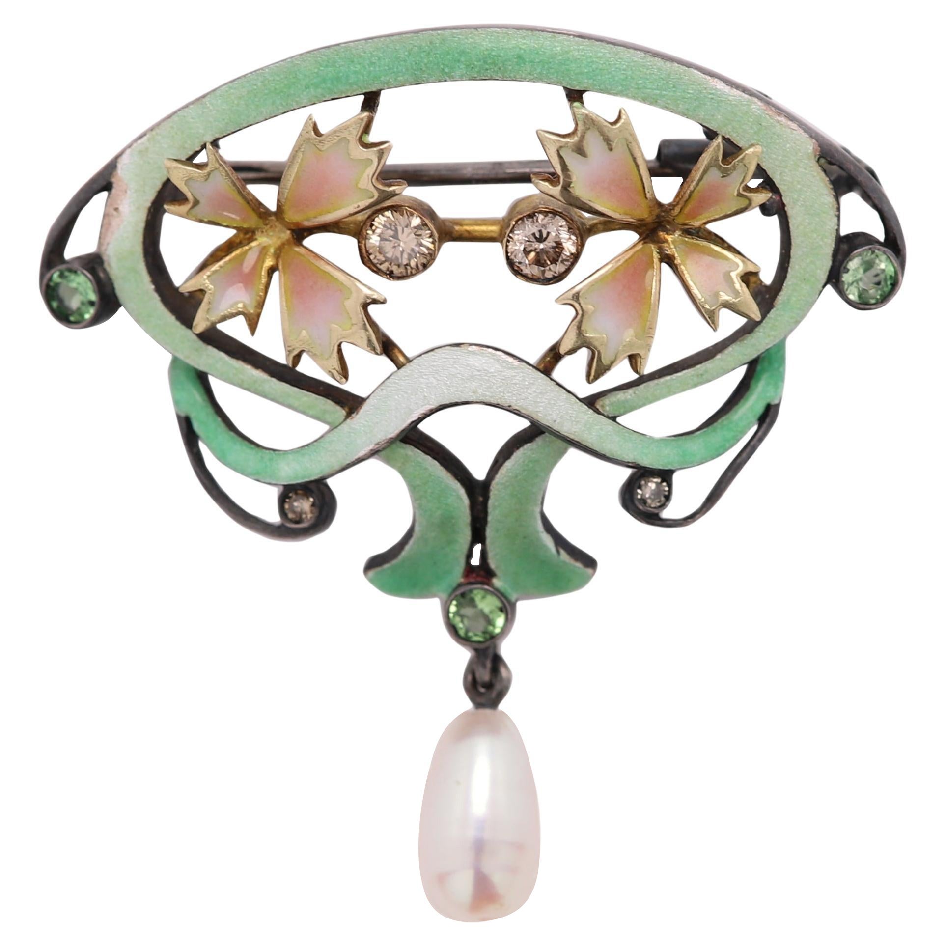 Broche broche nouveau 1910, collier émaillé en argent sterling et or 18 carats