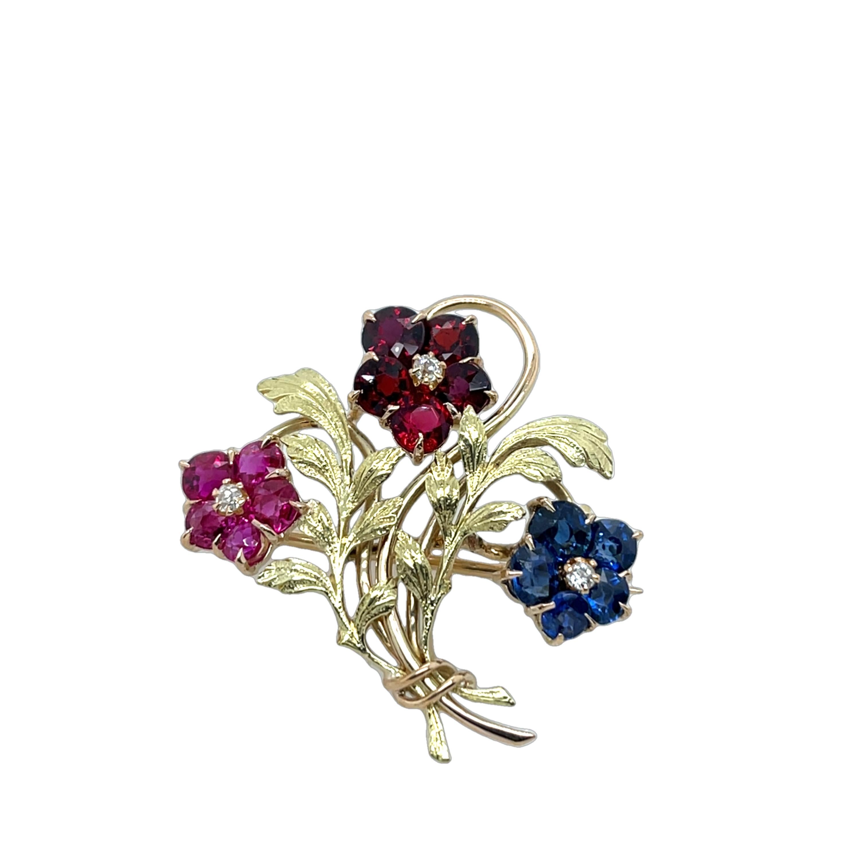 Women's or Men's Vintage Brooch, Set With Sapphires, Diamonds and Rubies For Sale