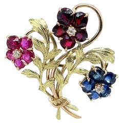 Vintage Brooch, Set With Sapphires, Diamonds and Rubies