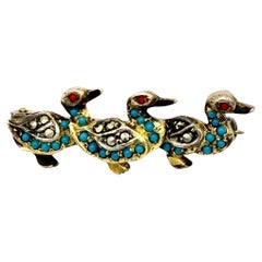 Vintage Brooch Three Ducks Silver Marcasite Turquoise Cloured Glas