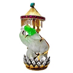 Vintage Brooch with Little Animal Riding an Elphant in Gold Jade Ruby & Diamonds