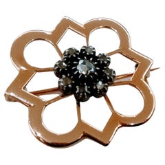 Vintage Brooche Pink Gold 18 Karat and Silver Diamond Half Dutch Rose Cut