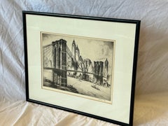 Vintage Brooklyn Bridge Lower Manhattan NYC Print by American Artist Nat Lowell
