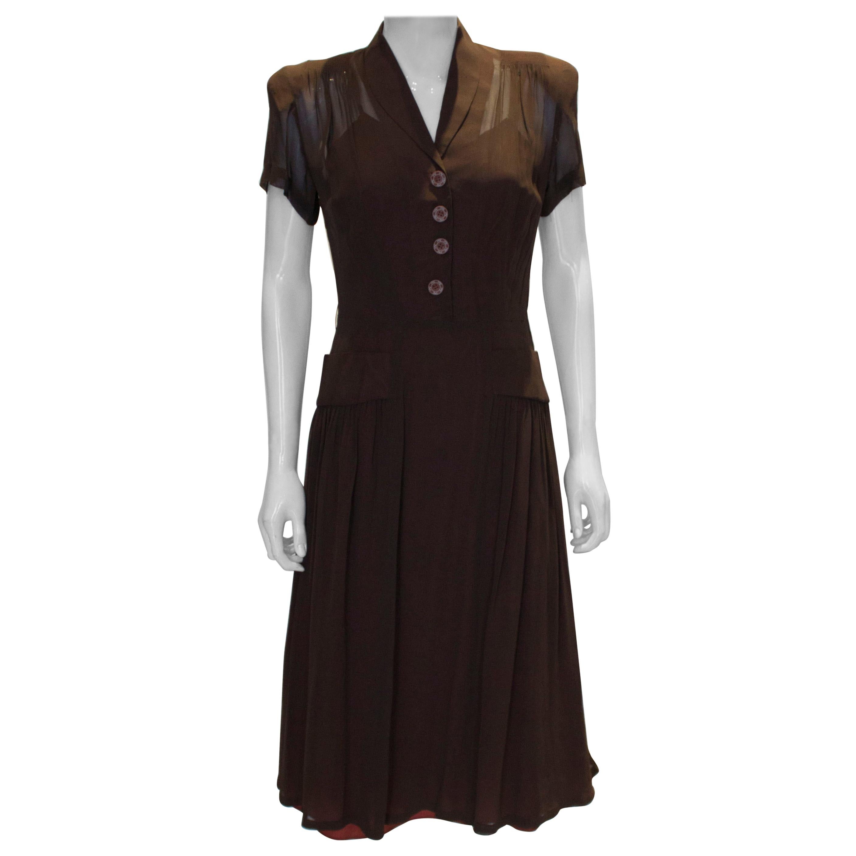 Vintage Brown 1940s Dress For Sale