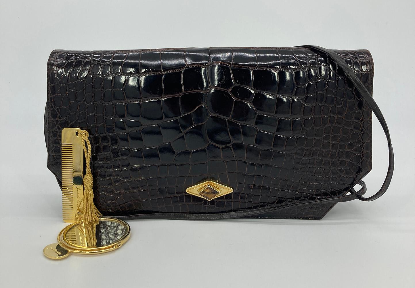 Judith Leiber Brown Alligator Clutch For Sale 5