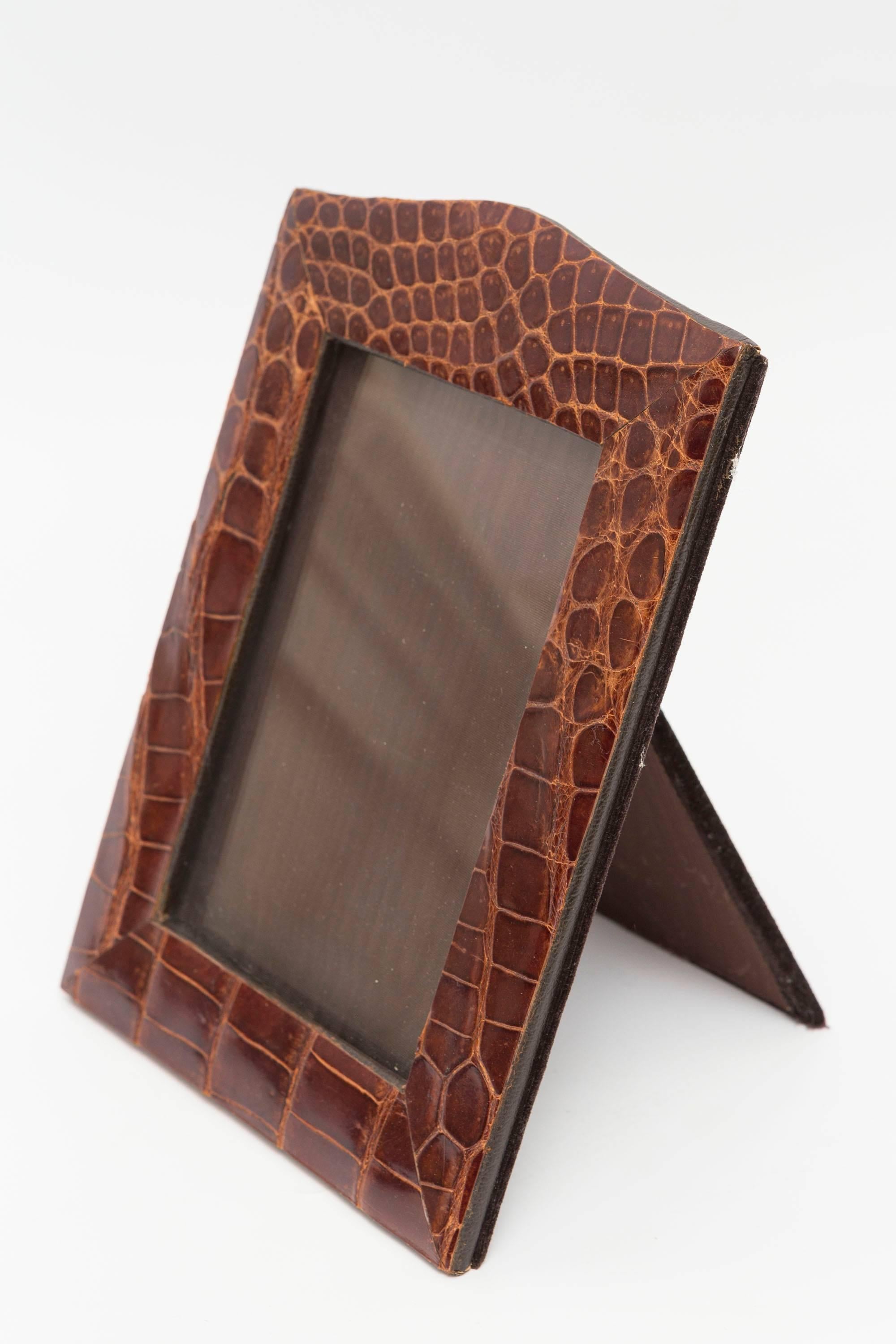 English Vintage Brown Alligator Skin Picture Frame with Arch Top