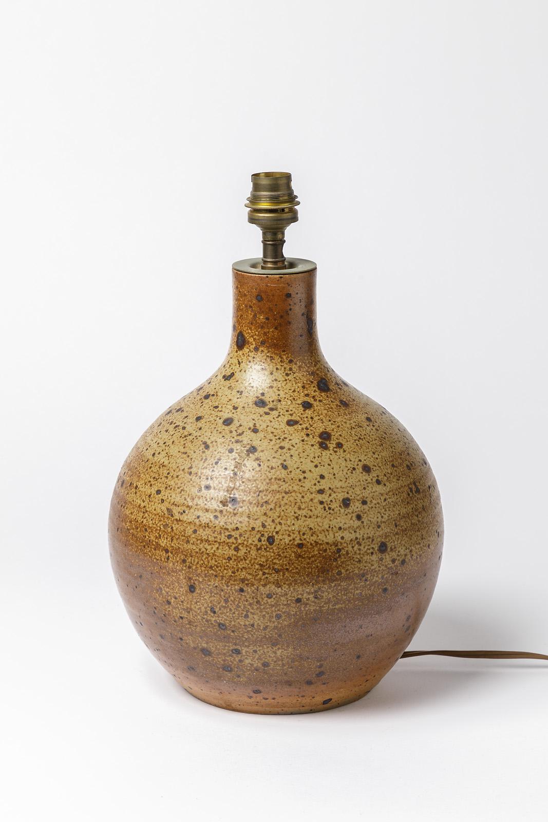 Mid-Century Modern Lampe de bureau vintage en céramique marron et noire en grès, poterie faite à la main en vente