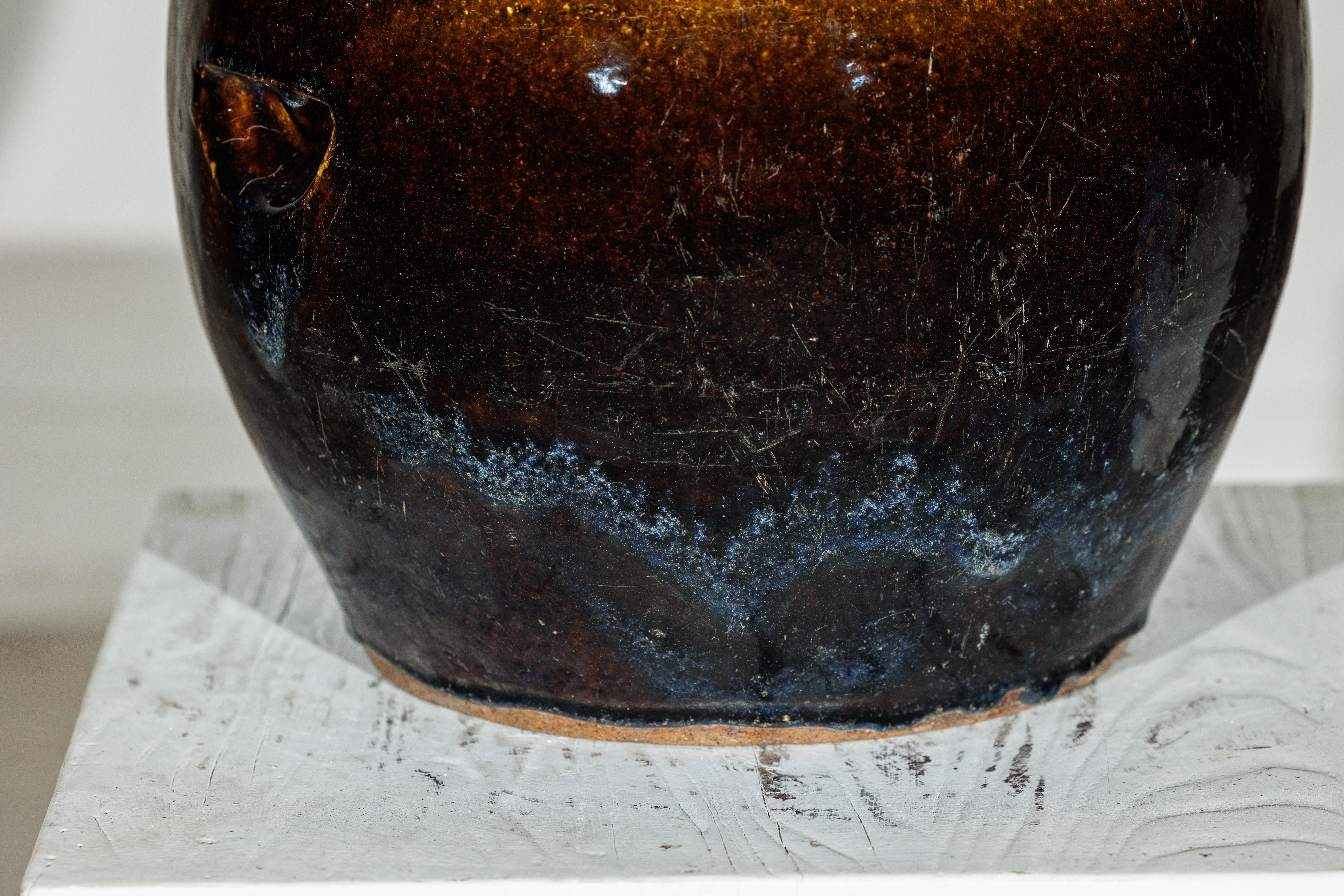 Vaso cinese d'epoca in gres smaltato marrone e blu con labbro arrotondato in vendita 3