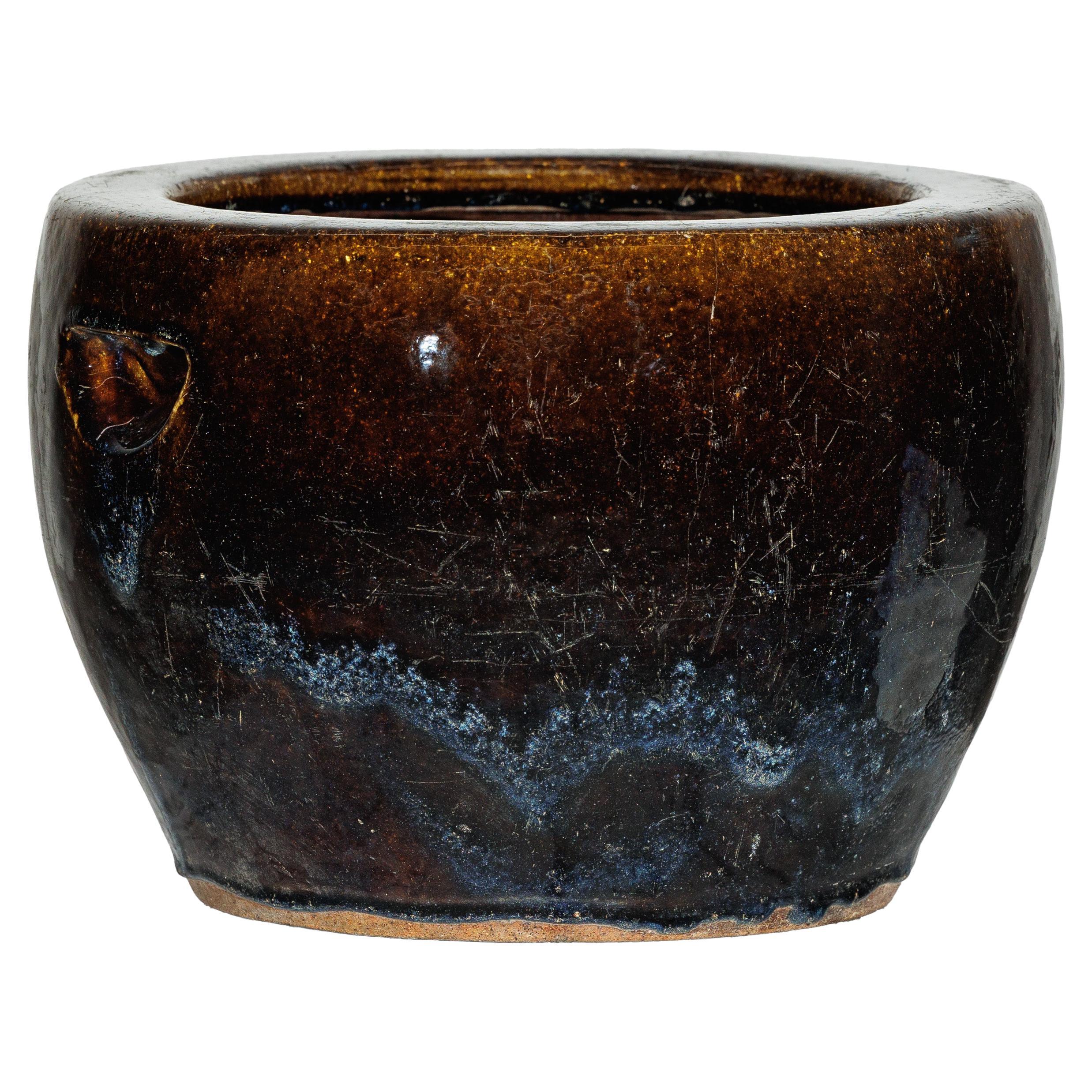 Vaso cinese d
epoca in gres smaltato marrone e blu con labbro arrotondato