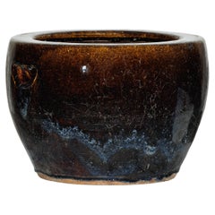 Vintage Brown and Blue Glazed Chinese Stoneware Planter with Rounded Lip