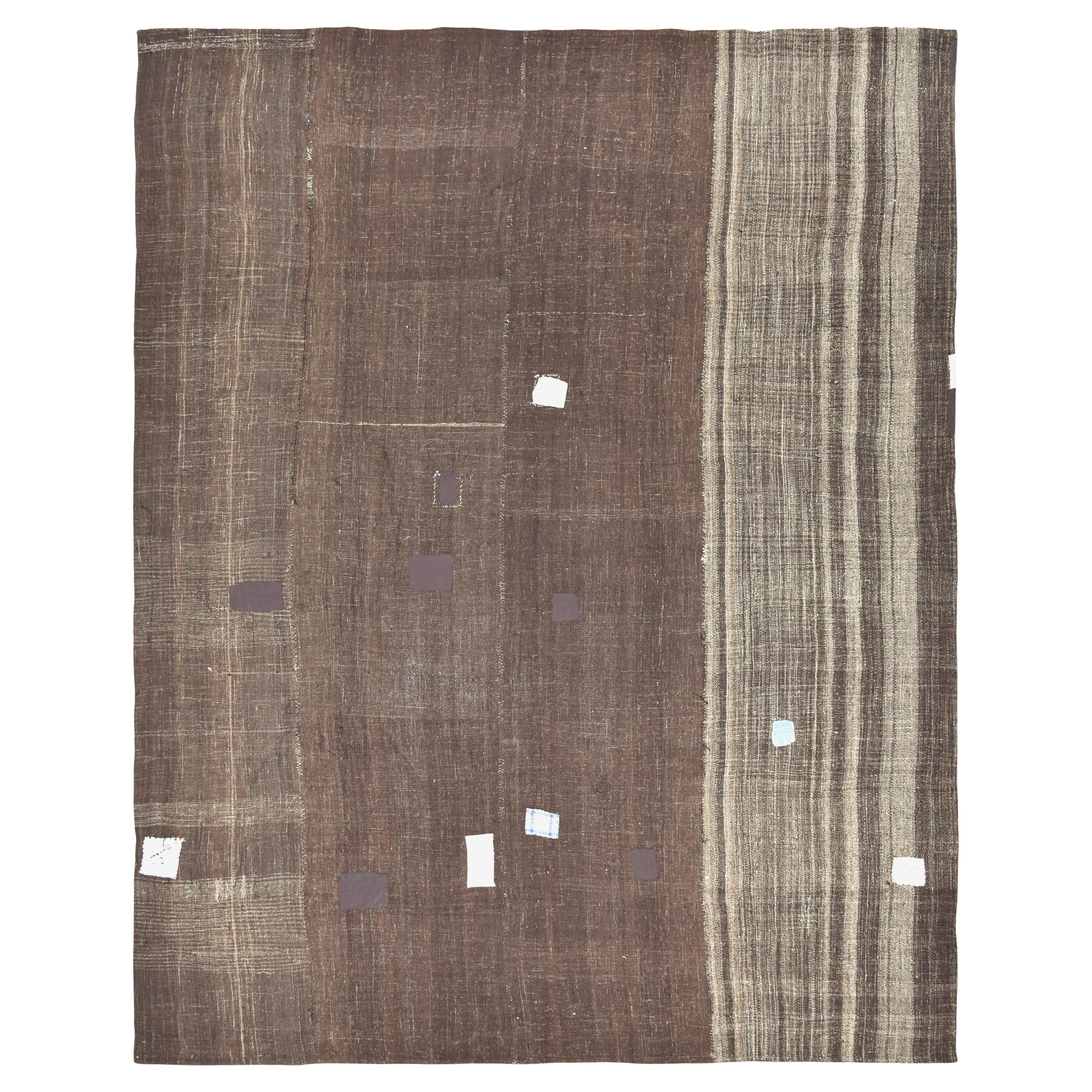 Vintage Brown and Grey Linear Stripped Designed Goat Hair Kilim 10'3'x12'4''