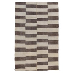 Vintage  Brown and Ivory Wool Kilim 5'6''x8'8''