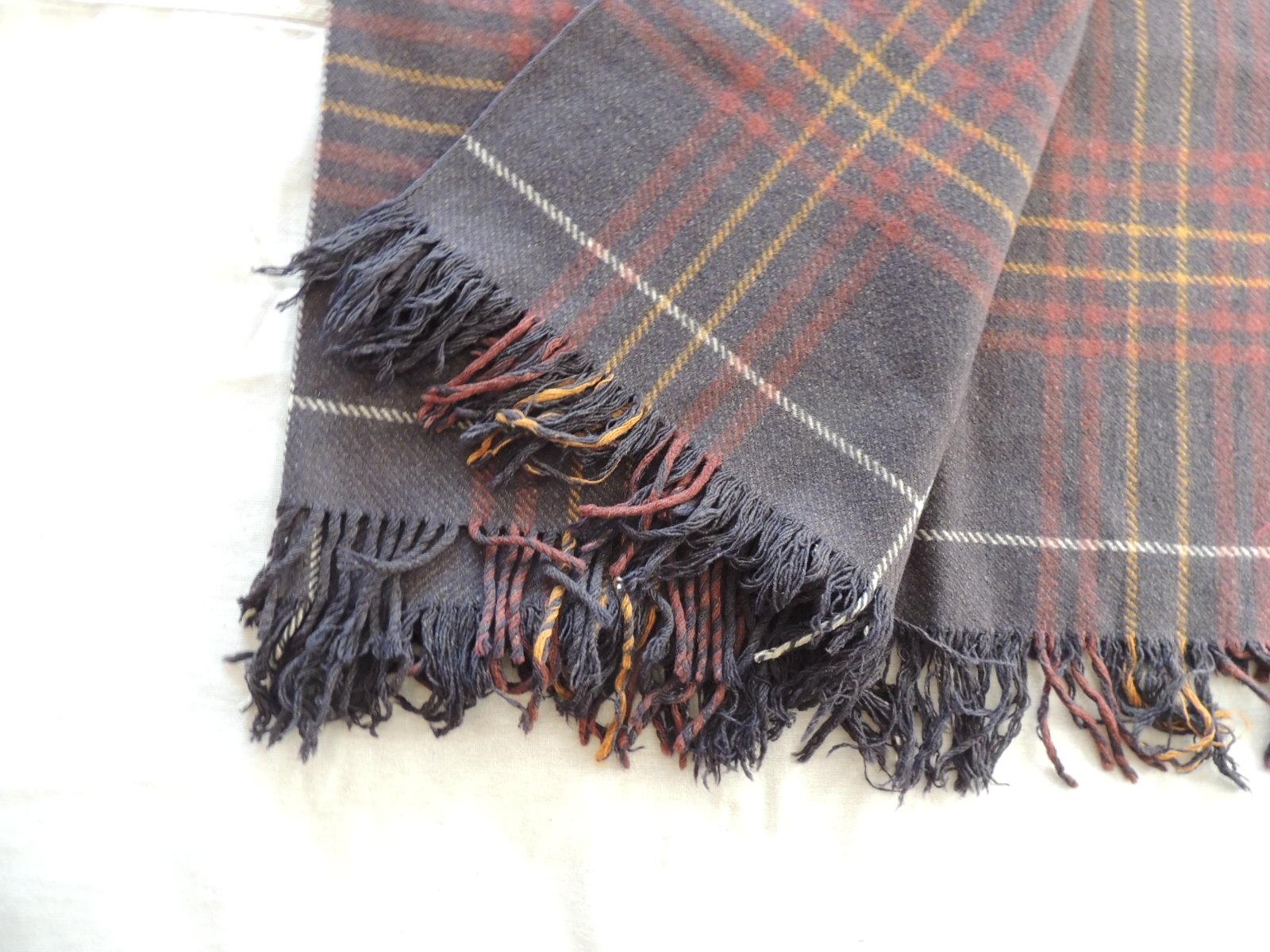 Bohemian Vintage Brown and Red Plaid Wool Throw with Fringes