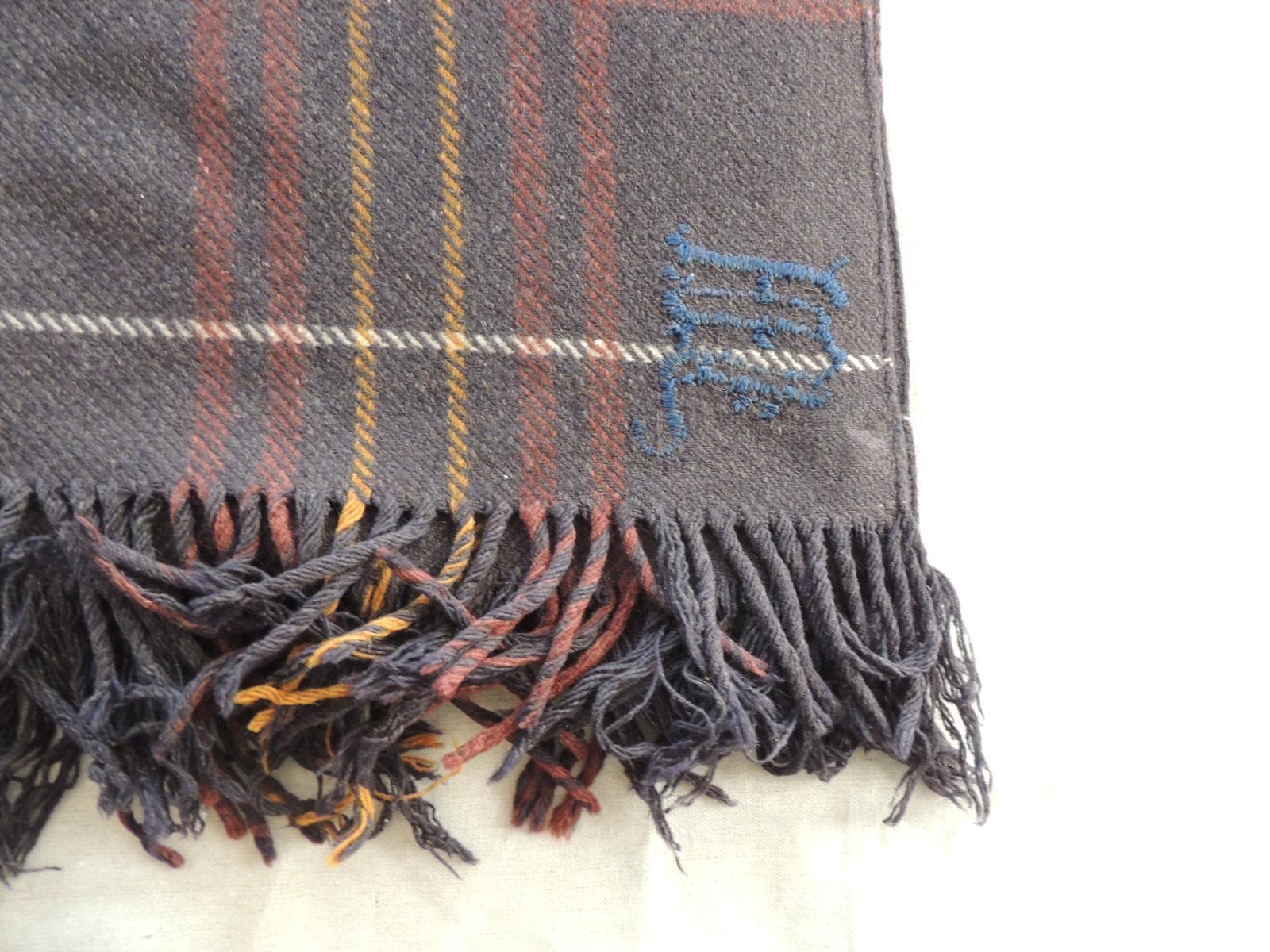 English Vintage Brown and Red Plaid Wool Throw with Fringes