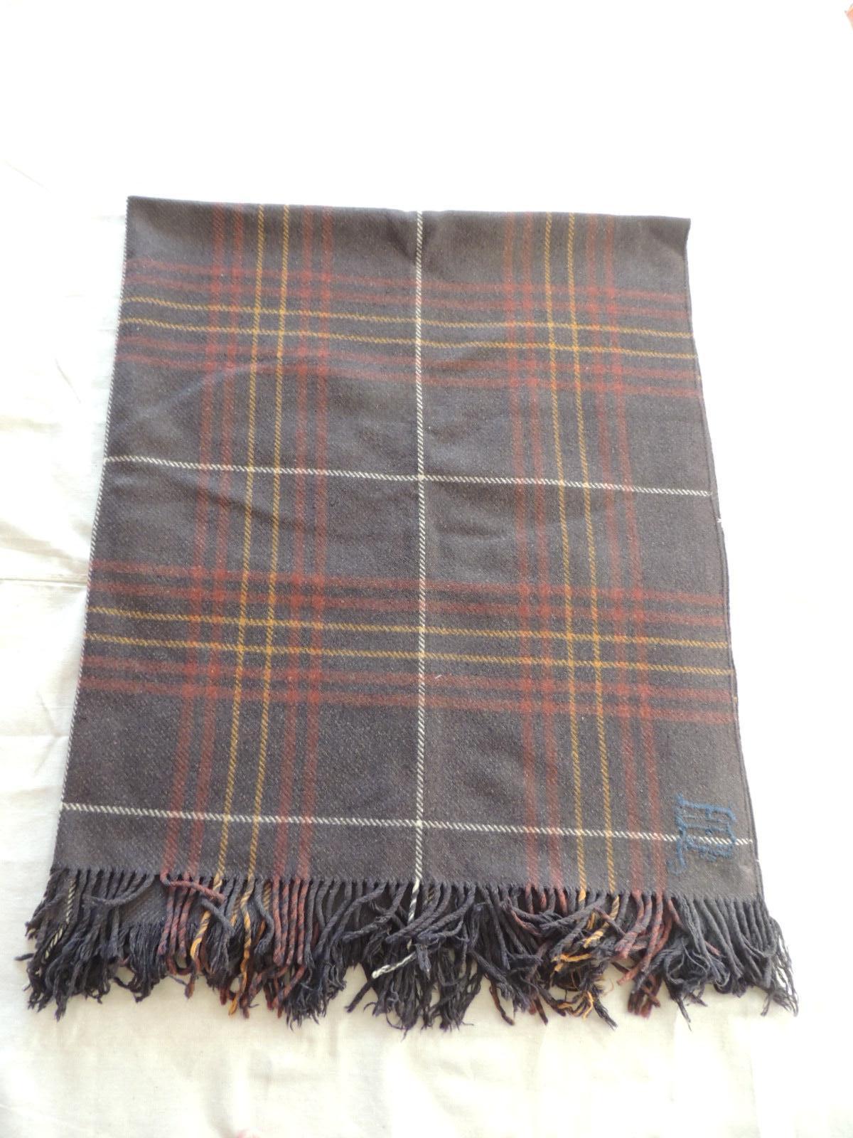 Hand-Crafted Vintage Brown and Red Plaid Wool Throw with Fringes