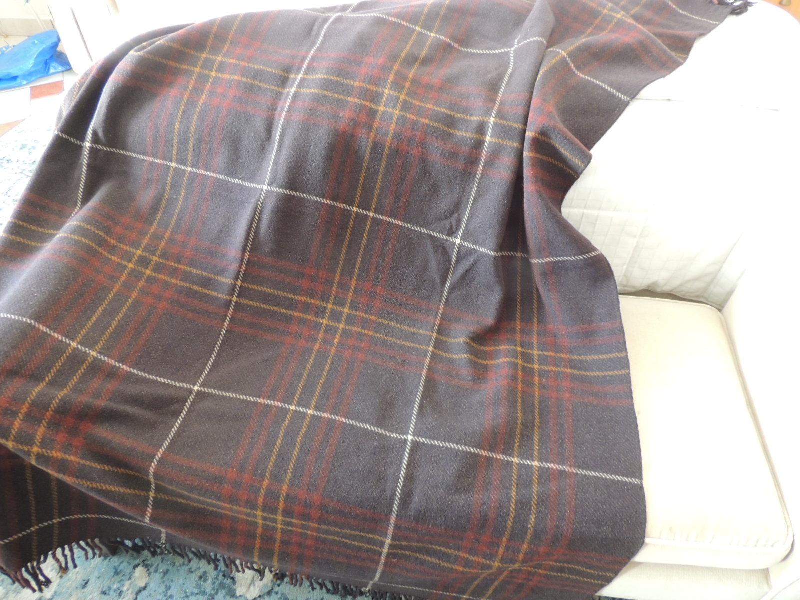 Vintage Brown and Red Plaid Wool Throw with Fringes In Good Condition In Oakland Park, FL