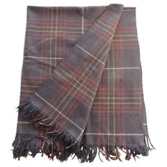 Vintage Brown and Red Plaid Wool Throw with Fringes
