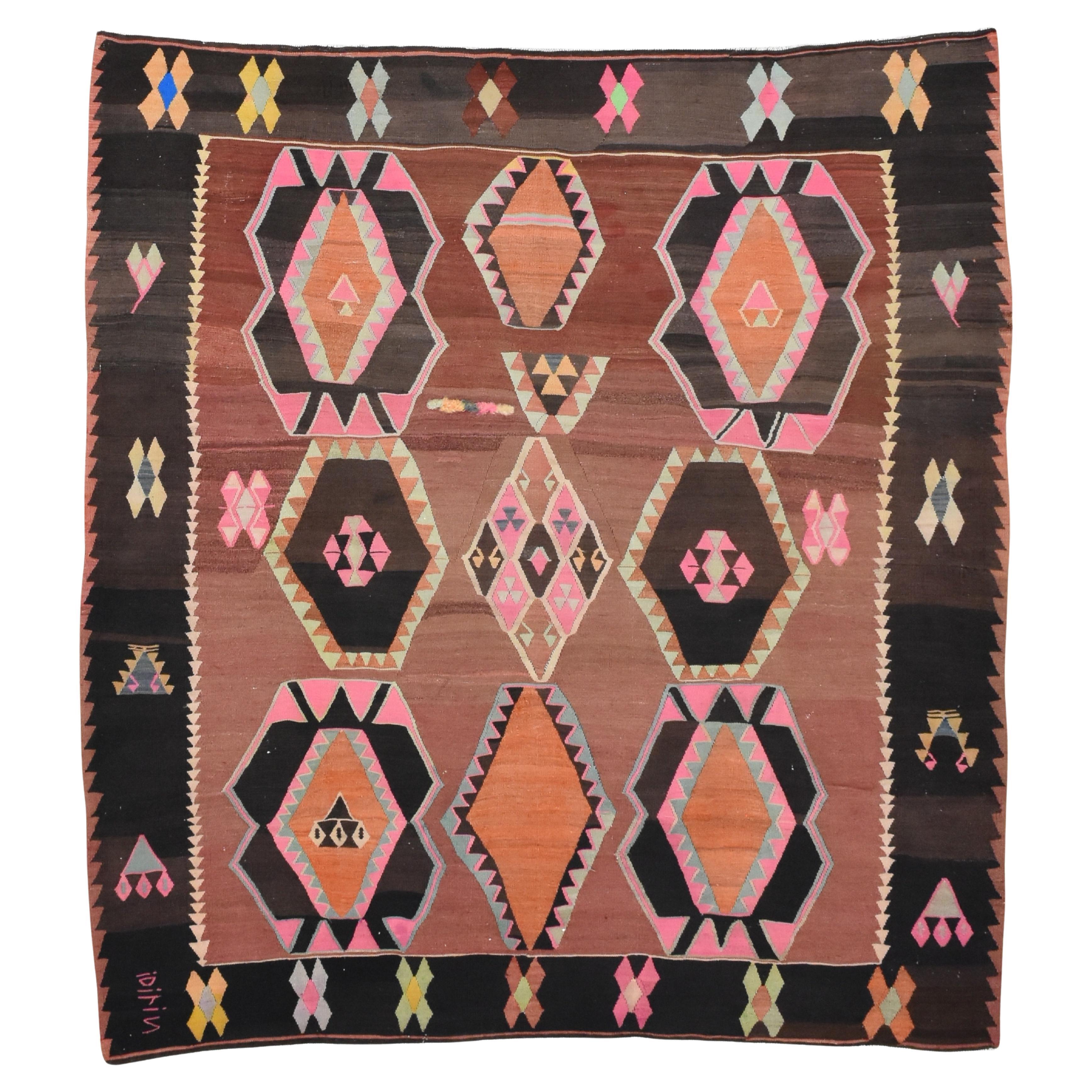 Vintage Braun und Rosenholz Flachgewebe Kilim Teppich 8'7''x9'6''