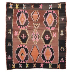 Vintage Brown and Rosewood Flatweave Kilim Rug 8'7''x9'6''